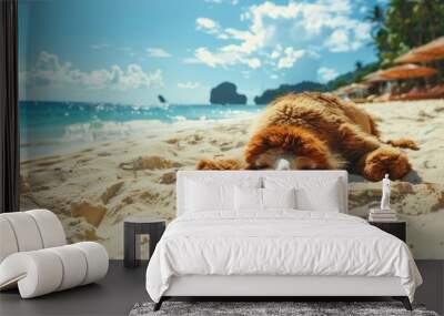 Adorable alpaca enjoying a relaxing day at the sandy beach. Cute animal, summer holiday concept Wall mural