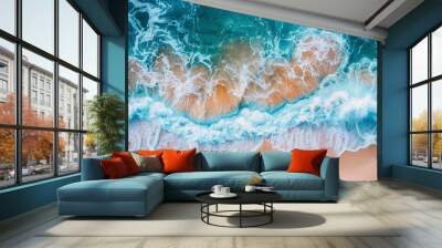 An abstract representation of waves on the shore, with sweeping lines and undulating forms that evoke the motion of water meeting land. The design captures the rhythm and tranquility of the ocean Wall mural