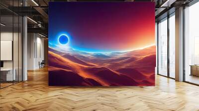 an artist's illustration of an eclipse over an unfurnished landscape, two planets floating in the desert like an orange sky. Generative AI Wall mural