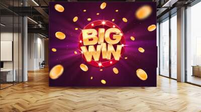 Big win gold text on retro red board vector banner. Win congratulations in frame illustration for casino or online games. Explosion coins on purple background. Wall mural