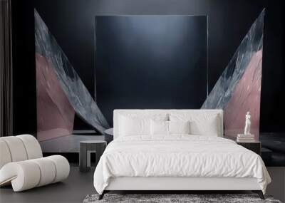 Black surface with three glass geometric sculptures placed together, abstract crystal cubism style Wall mural