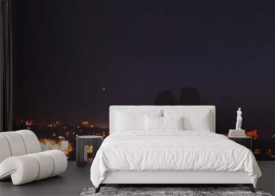 Couple on Valide Han roof. Illuminated lights of night Istanbul view Wall mural