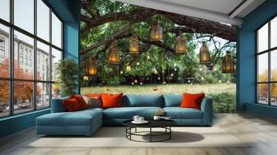 Evening wedding ceremony with a lot of vintage lanterns, lamps, candles. Unusual outdoor ceremony decoration. Beautiful garden party concept. Wall mural