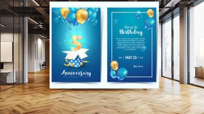 Celebration of 5 th years birthday vector invitation cards. Fifth years anniversary celebration. Print templates of invitational on blue background Wall mural