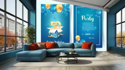 Celebration of 50 th years birthday vector invitation card. Fifty years anniversary celebration brochure. Template of invitational for print on blue background Wall mural