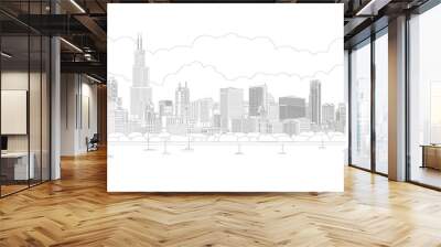 Chicago, building, skyscraper, skyline in sunny sunset reflected in water. Chicago city panorama with yachts. Line drawing, vector Wall mural