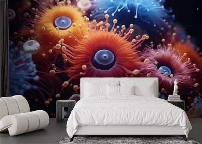 Close-up view of microbes and bacteria under the microscope for scientific research and health study Wall mural