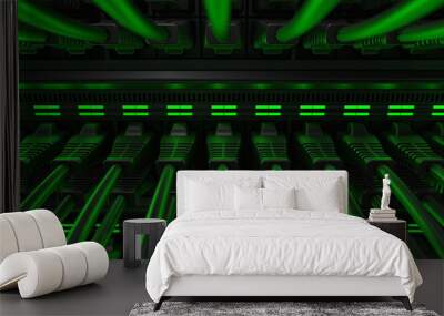 Close-up view of modern internet network switch with plugged ethernet cables. Blinking green lights on internet server.  Wall mural