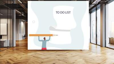 confident businessman carrying big pencil thinking to write many to do list on long paper.flat vector illustration. Wall mural