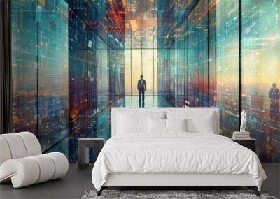 Cyber threat analyst utilizing holographic interface in a futuristic it specialist office setting Wall mural