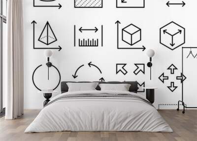 Dimension, area and perimeter measure concept. Square, perimeter, distance and diameter icons. Geometric symbols collection. Vector set of linear geometry icons. Wall mural