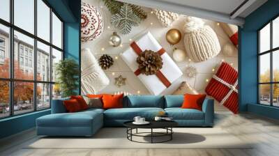 Elegant flat lay of holiday gift and festive decorations set against a crisp white background Wall mural