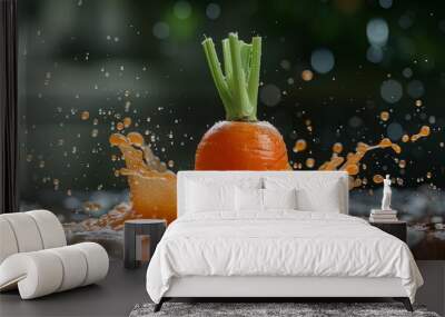 Falling carrots cause a surge of orange juice Wall mural