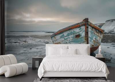 Fisherman's boat stuck on the sandy shore  Wall mural