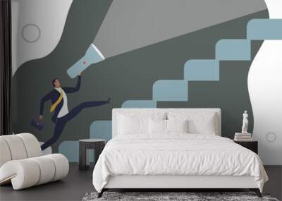 Flashlight to see opportunity, discover business way of success, challenge to find direction in the dark, leadership concept.flat design with people. Wall mural