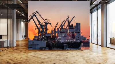 Freight international sea port with cargo ship. Port cranes. Global shipping, delivery and water logistics Wall mural