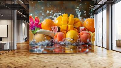 Fresh fruits with water splash. Healthy food background. Wall mural