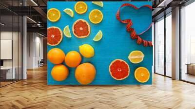 fruits on a wooden blue background Wall mural