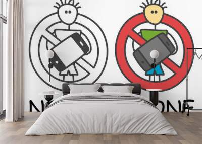 Funny vector stick man with a mobile in children's style. No cell phone no telephone sign red prohibition. Stop symbol. Prohibition icon sticker for area places. Isolated on white background. Wall mural