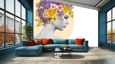 Abstract art collage of a young beautiful woman with flowers on her head. Conceptual fashion art design in a modern style Wall mural