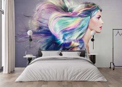 Beauty Fashion Model Girl with Colorful Dyed Hair. Girl with perfect Makeup and Hairstyle. Model with perfect Healthy Dyed Hair. Rainbow Hairstyles Wall mural