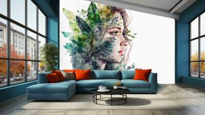 Double exposure portrait woman with a plants and leaves. Colorful creative watercolor illustration. Generative Ai Wall mural