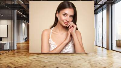 Portrait beautiful young woman with clean fresh skin. Model with healthy skin, close up portrait. Cosmetology, beauty and spa Wall mural