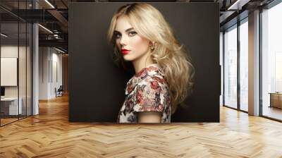 Portrait of beautiful sensual woman with elegant hairstyle.  Perfect makeup. Blonde girl. Fashion photo. Jewelry and dress Wall mural