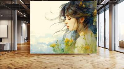 Watercolor young woman with flowers portrait art. Colorful creative watercolor illustration. Generative Ai Wall mural