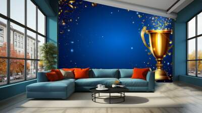 Golden trophy with streamers on blue background, symbolizing business success and competition Wall mural