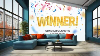 Golden winner word on white background with colorful confetti. Winning vector illustration template. Congratulations with absolutely victory. Wall mural