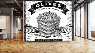 Retro olive harvest label with landscape black and white. Editable vector illustration with clipping mask in woodcut style. Wall mural