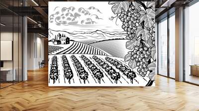 Vineyard valley landscape black and white Wall mural