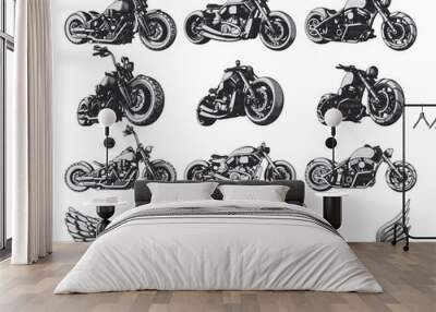 Isolated set of custom motorcycles, wings and engine. Illustrations for apparel designs, logotypes and labels. Wall mural