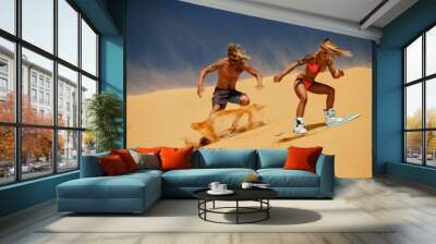 Kitesurf freestyle in sanddunes at sunset. Wall mural