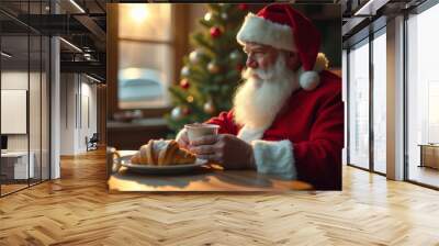 A happy Santa Claus with a croissant in a pastry shop decorated for Christmas. Wall mural