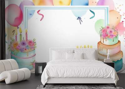 Colorful greeting card with cakes, candles, gift boxes, balloons in pastel colors. Happy birthday party concept. Wall mural