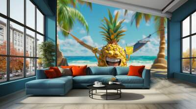 Cute cartoon pineapple in a hammock under palm trees on a tropical island. Wall mural