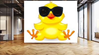 Little yellow chick in black glasses. Little yellow chicken with sunglasses. Chick on a white background. Cartoon chick Wall mural