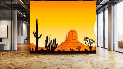 Sunset in the Arizona desert. Landscape rocky desert. Mountains and cacti. Sunny sunset in the desert Wall mural