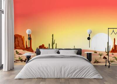 Sunset in the desert in the valley of cacti and stones. Sandy desert with cacti. Mountains and stones. Sunset in the desert. Silhouettes of stones, cacti and plants Wall mural