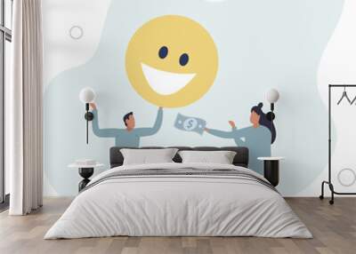 Money can buy happiness, philosophy or life success dilemma,flat design with people. Wall mural