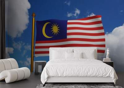 National flag of Malaysia waving 3D Render with flagpole and blue sky, Republic of Malaysia flag textile or Jalur Gemilang, Malaysian coat of arms Malaysia independence day. 3d illustration Wall mural