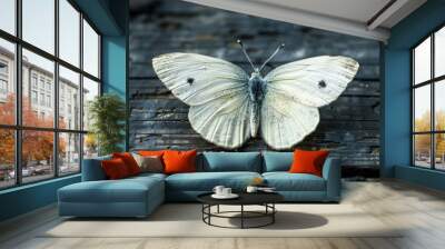 Pale white butterfly on a black wooden surface Wall mural