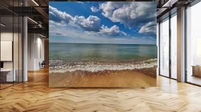 Panoramic dramatic sunset sky and tropical sea at dusk. Beach sand, sea and blue sky with clouds Wall mural