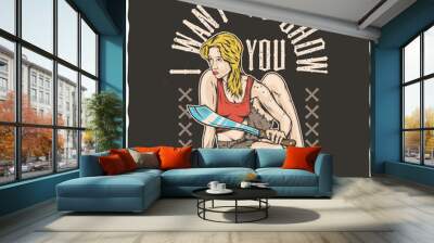 Pinup style attractive latino young woman with a machete. Poster, print or t-shirt design. Vector illustration. Wall mural