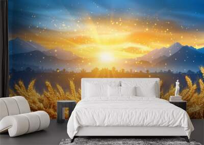 realistic baisakhi celebration background with traditional symbols in wheat field Wall mural