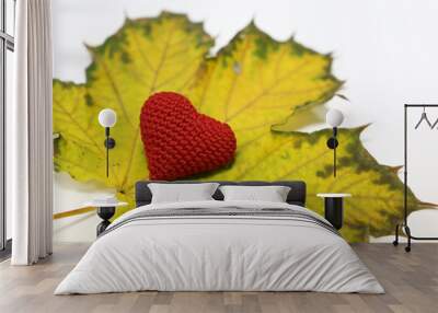 Red knitted heart and yellow maple leaf isolated on white. Background for health care in autumn season, blood donation, love to Canada, canadian medicine Wall mural