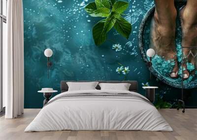 Refreshing Herbal Foot Spa with Mint and Daisies in Turquoise Water Wall mural