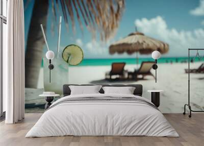 relax on the beach, refreshing cocktail with a straw on the table, against the backdrop of the ocean, beach and palm trees Wall mural